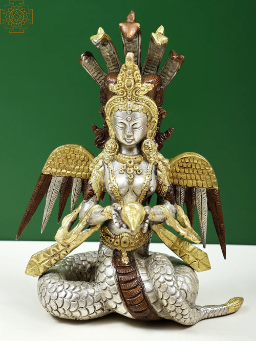 8" Brass Naga Kanya Statue - Handmade Snake Maiden Idol