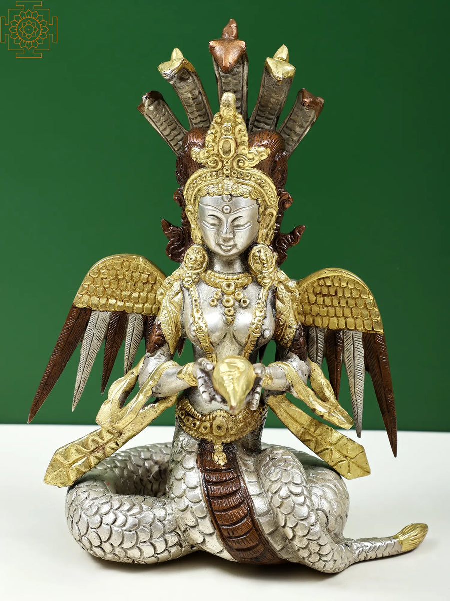 8" Brass Naga Kanya Statue - Handmade Snake Maiden Idol