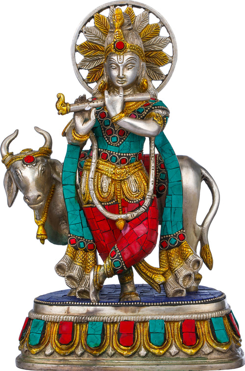 10" Krishna with Cow Handmade Brass Statue