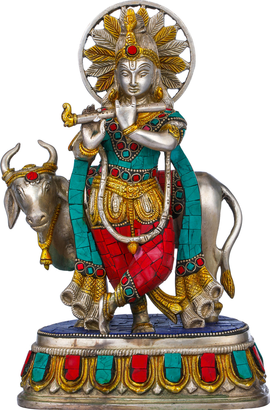 10" Krishna with Cow Handmade Brass Statue