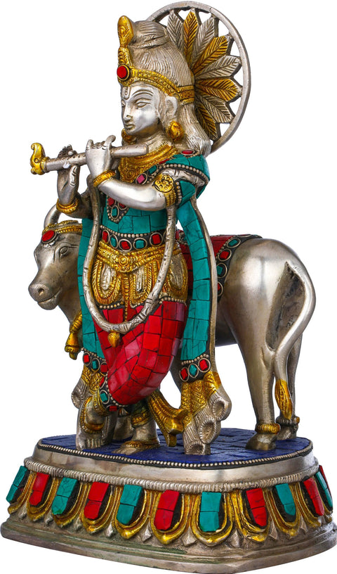10" Krishna with Cow In Brass | Handmade | Made In India