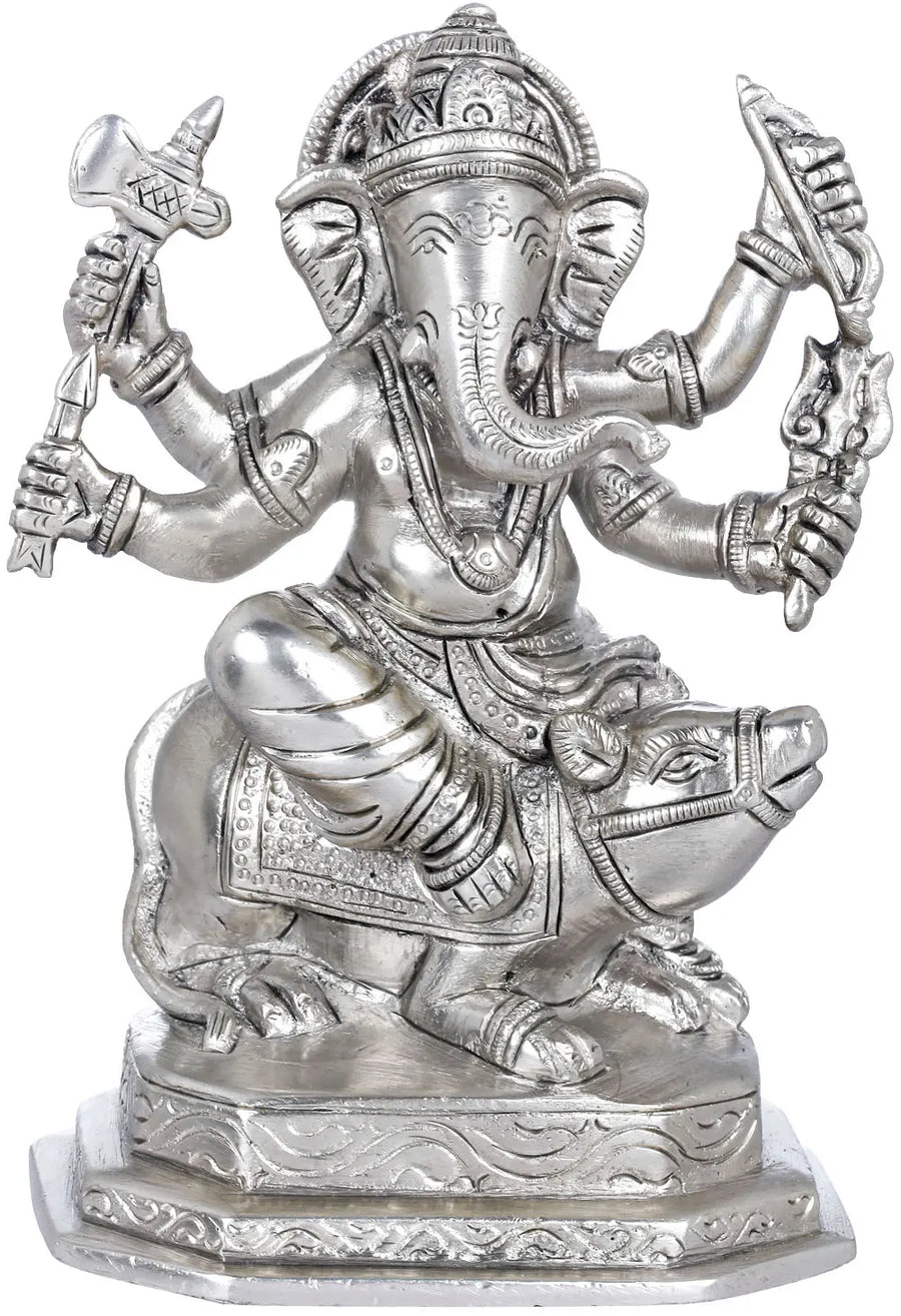 5" Brass Lord Ganesha Statue Seated on Rat Handmade