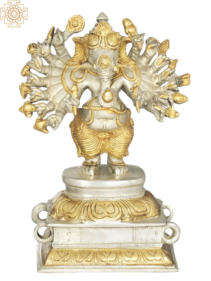 8" Sixteen-Armed Vira-Ganesha Handmade Brass Sculpture