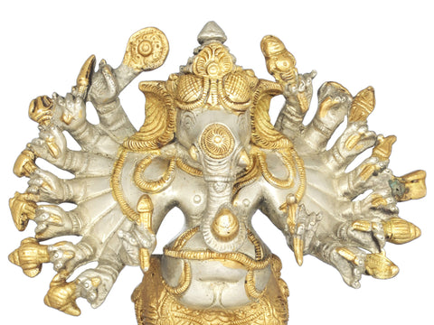 8" Sixteen-Armed Vira-Ganesha Brass Sculpture | Handmade | Made in India