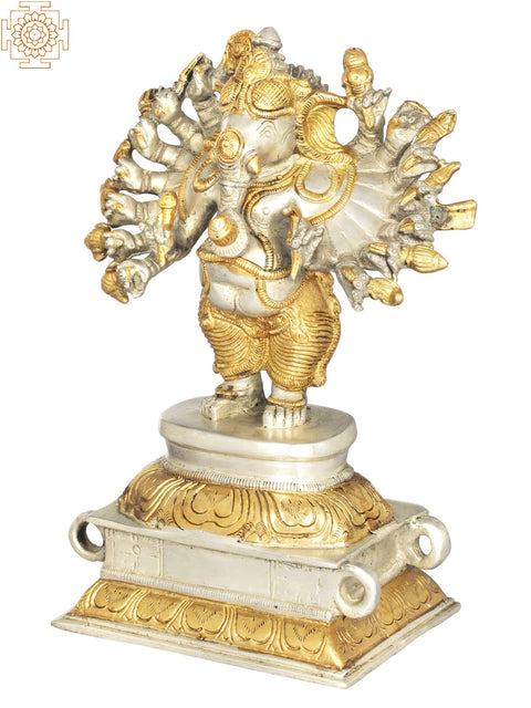 8" Sixteen-Armed Vira-Ganesha Brass Sculpture | Handmade | Made in India
