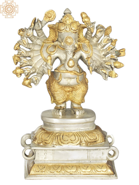 8" Sixteen-Armed Vira-Ganesha Brass Sculpture | Handmade | Made in India