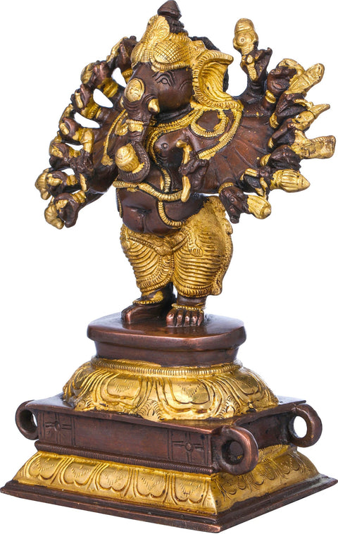 8" Sixteen-Armed Vira-Ganesha Brass Sculpture | Handmade | Made in India