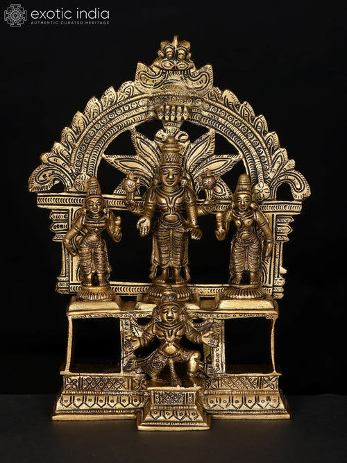 7" Lord Vishnu with Lakshmi and Bhudevi Brass Statue on Garuda Pedestal