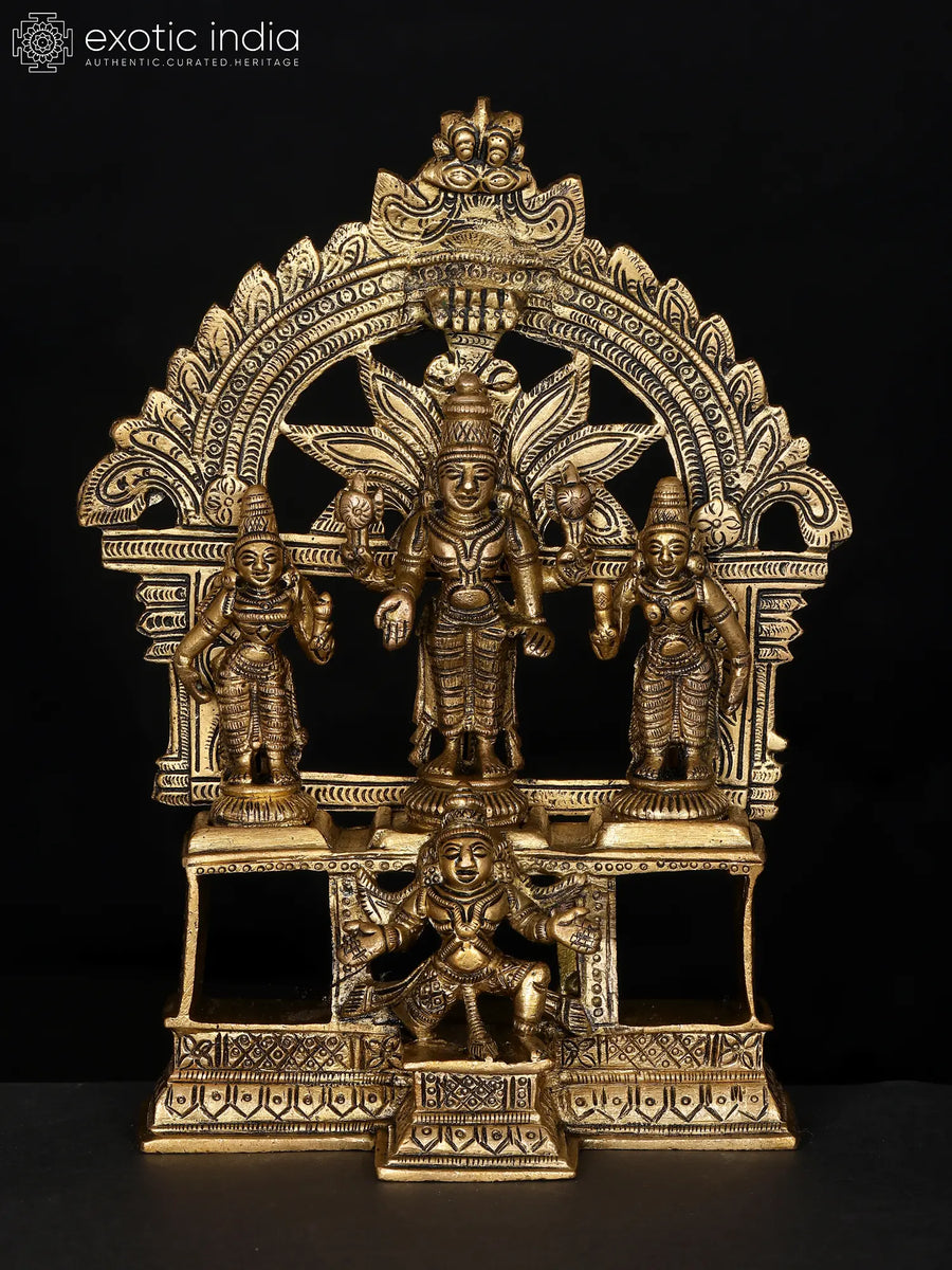 7" Lord Vishnu with Lakshmi and Bhudevi Brass Statue on Garuda Pedestal