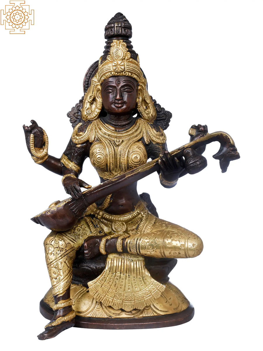 8" Brass Goddess Saraswati Idol Seated on Lotus Handmade