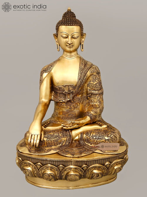 33" Large Buddha Brass Statue with Carved Life Story Details