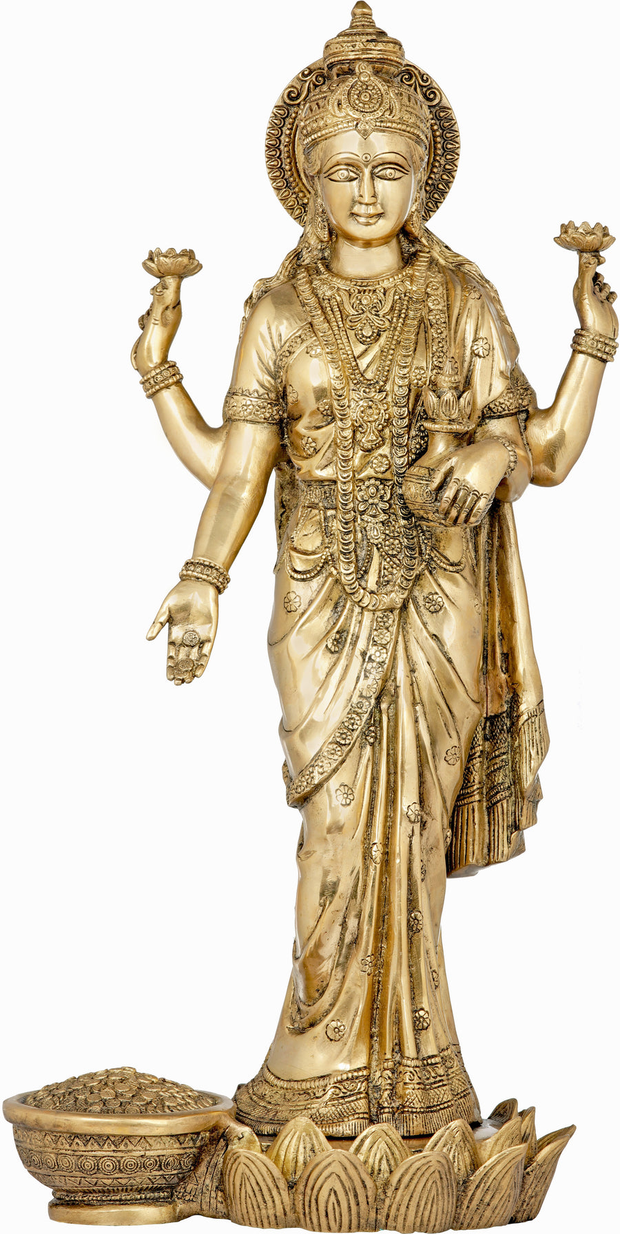 24" Standing Lakshmi Brass Sculpture with Halo – Handmade Hindu Goddess Idol