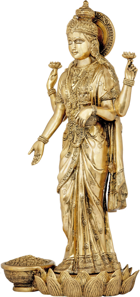 24" Haloed Standing Lakshmi Brass Sculpture – Handmade Hindu Goddess Statue | Made in India
