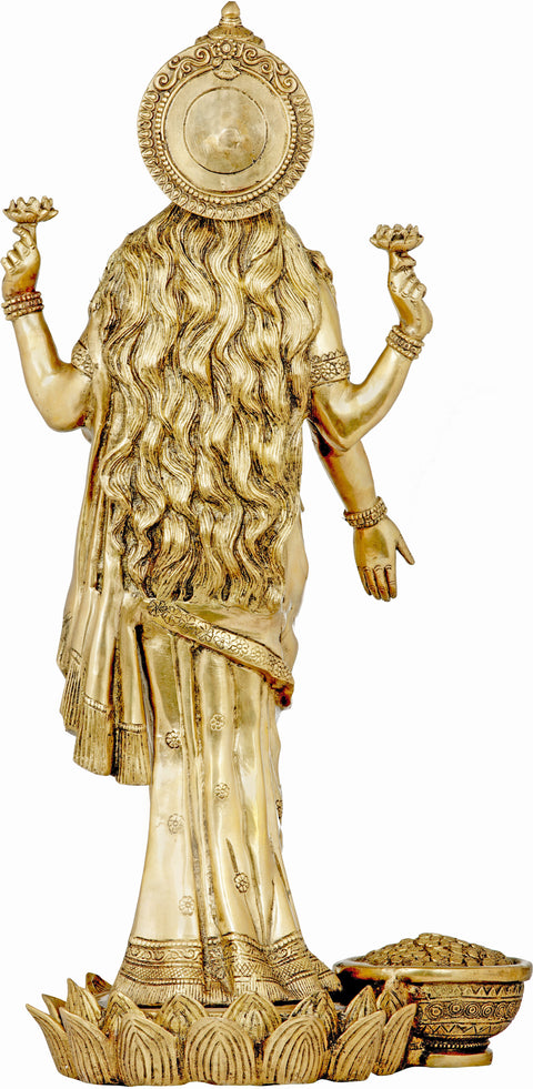 24" Haloed Standing Lakshmi Brass Sculpture – Handmade Hindu Goddess Statue | Made in India