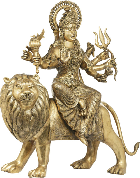 31" Tranquil Durga Rides Her Fierce Vahana In Brass | Handmade | Made In India