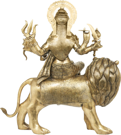 31" Tranquil Durga Rides Her Fierce Vahana In Brass | Handmade | Made In India