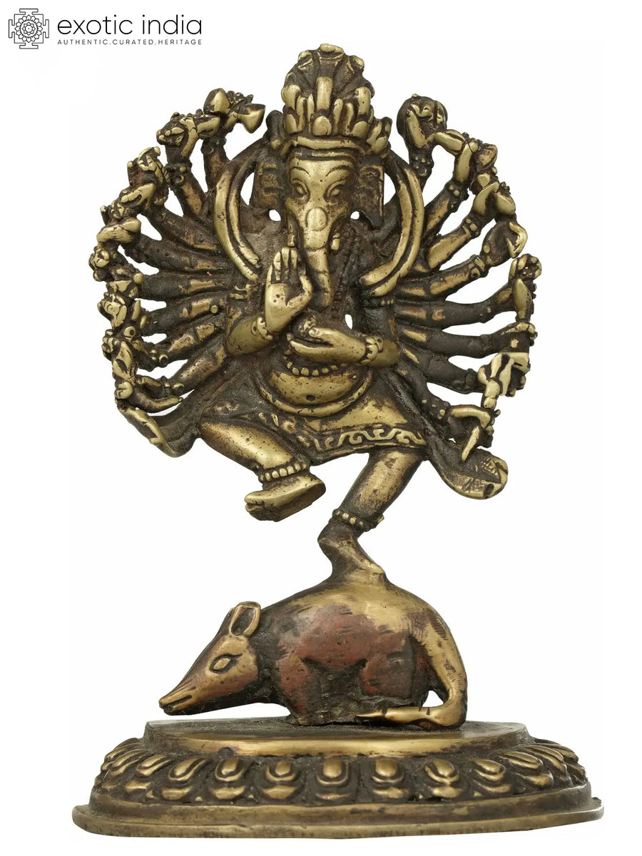 Eighteen-Armed Dancing Lord Ganesha Brass Statue