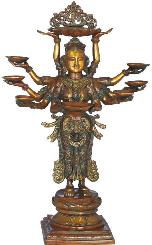 28" Brass Deepalakshmi Statue with Ten Arms Holding Lamps