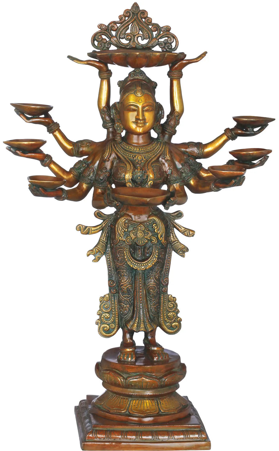 28" Brass Deepalakshmi Statue with Ten Arms Holding Lamps