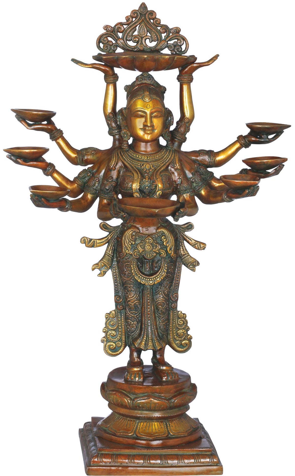 28" Brass the Ten-Armed Auspicious Deepalakshmi with Each Hand Holding a Lamp