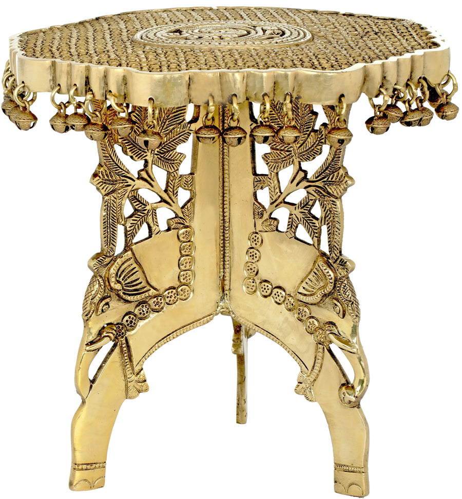 Engraved Brass Ritual Chowki with Elephant Head Legs and Ghungroos