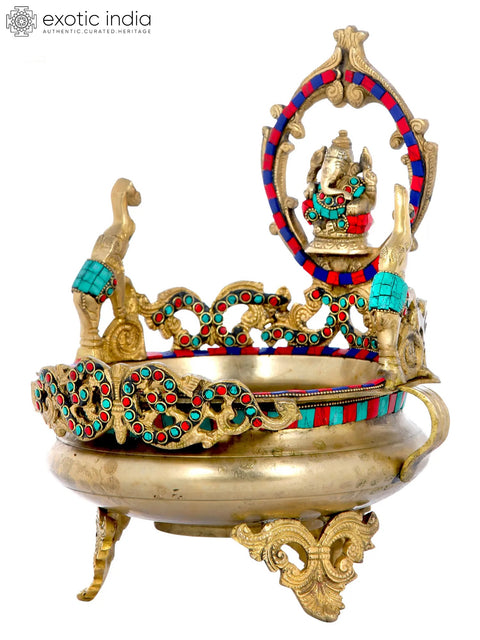 13" Lord Ganesha Urli in Brass With Inlay Work | Handmade | Made In India