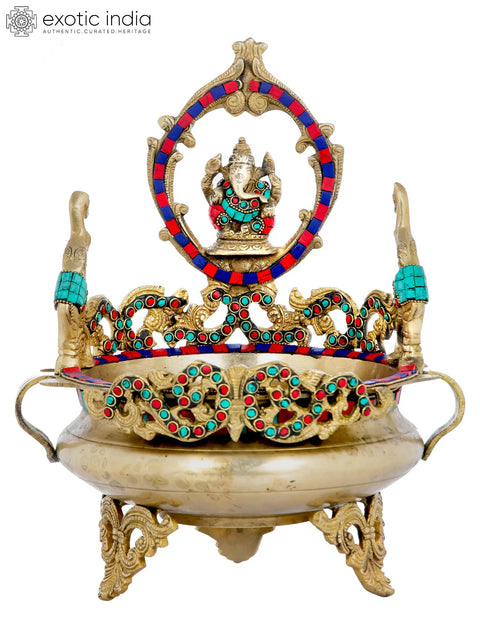 13" Lord Ganesha Urli in Brass With Inlay Work | Handmade | Made In India