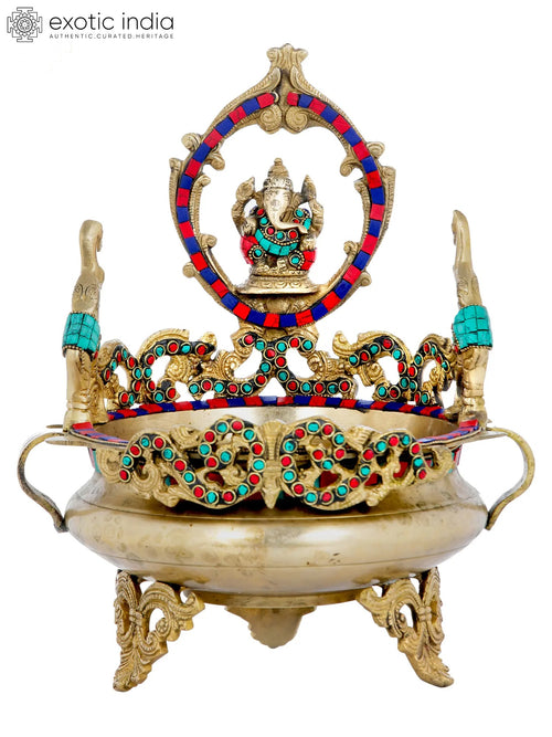 13" Handmade Brass Ganesha Urli With Inlay Work