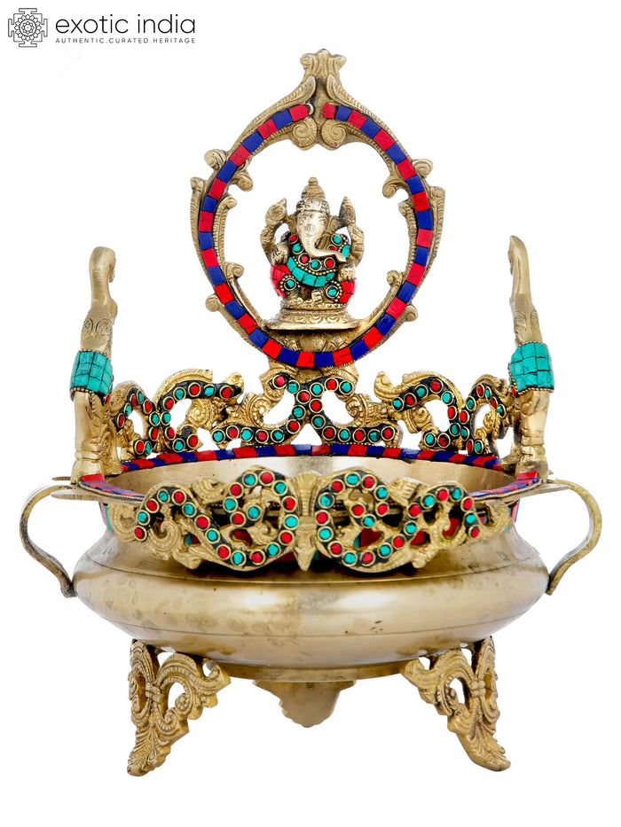 13" Handmade Brass Ganesha Urli With Inlay Work