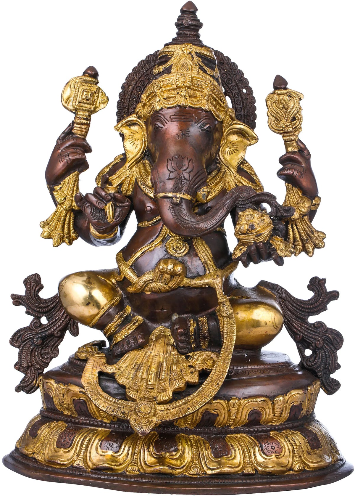15" Ganesha Seated on Double Lotus In Brass | Handmade | Made In India