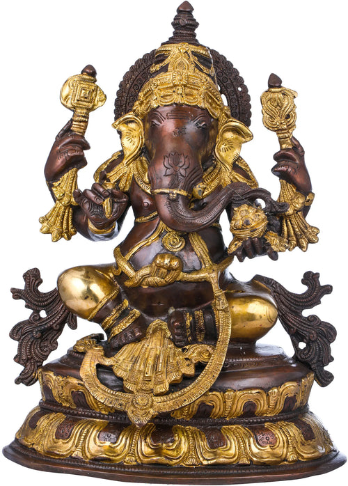15" Seated Ganesha on Double Lotus Brass Idol Handmade