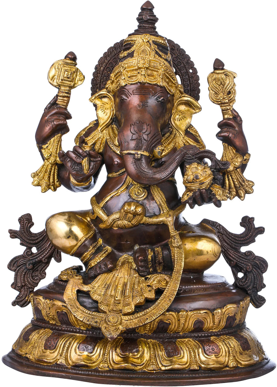 15" Seated Ganesha on Double Lotus Brass Idol Handmade