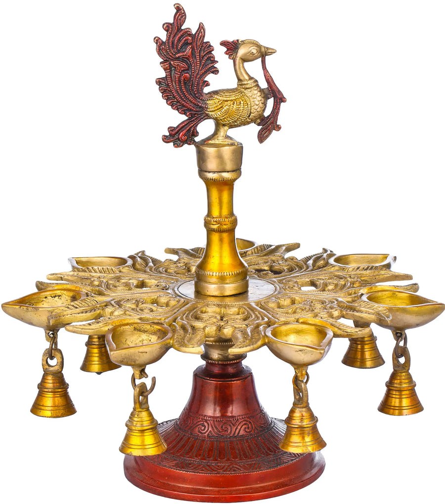 13" Handmade Brass Peacock Oil Lamp with Seven Wicks and Bells