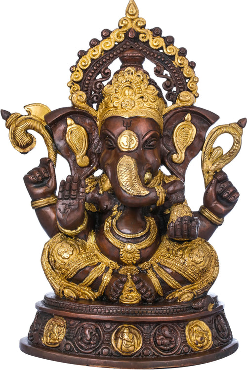 14" Crowned Ganesha Brass Statue Handmade for Pooja