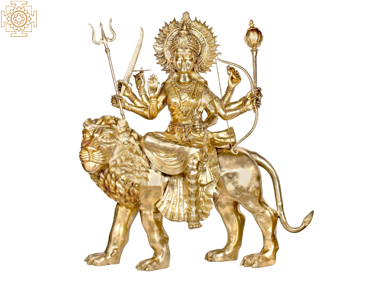 58" Mother Durga Brass Sculpture – Divine Warrior Goddess | Handmade in India