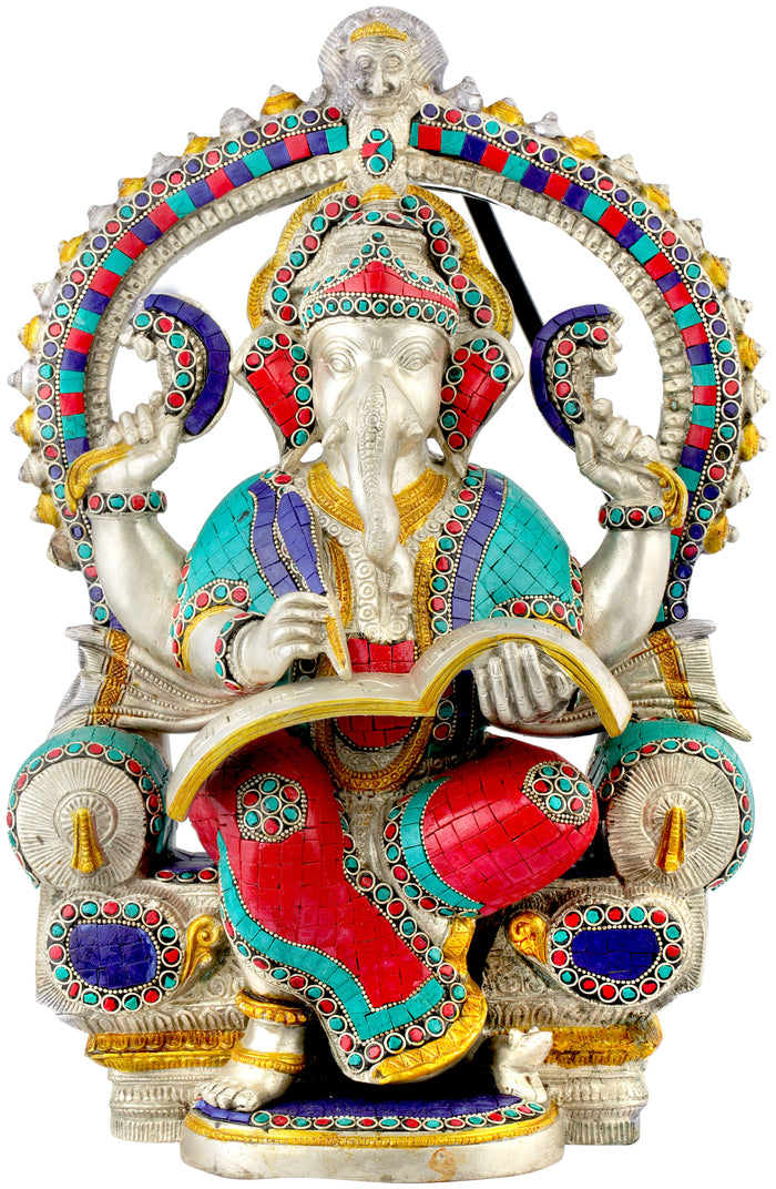 17" Raja Ganesha Handmade Brass Statue Writing Mahabharata