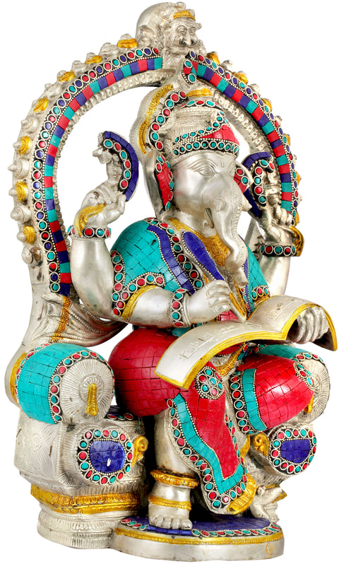 17" Raja Ganesha Writing The Mahabharata In Brass | Handmade | Made In India