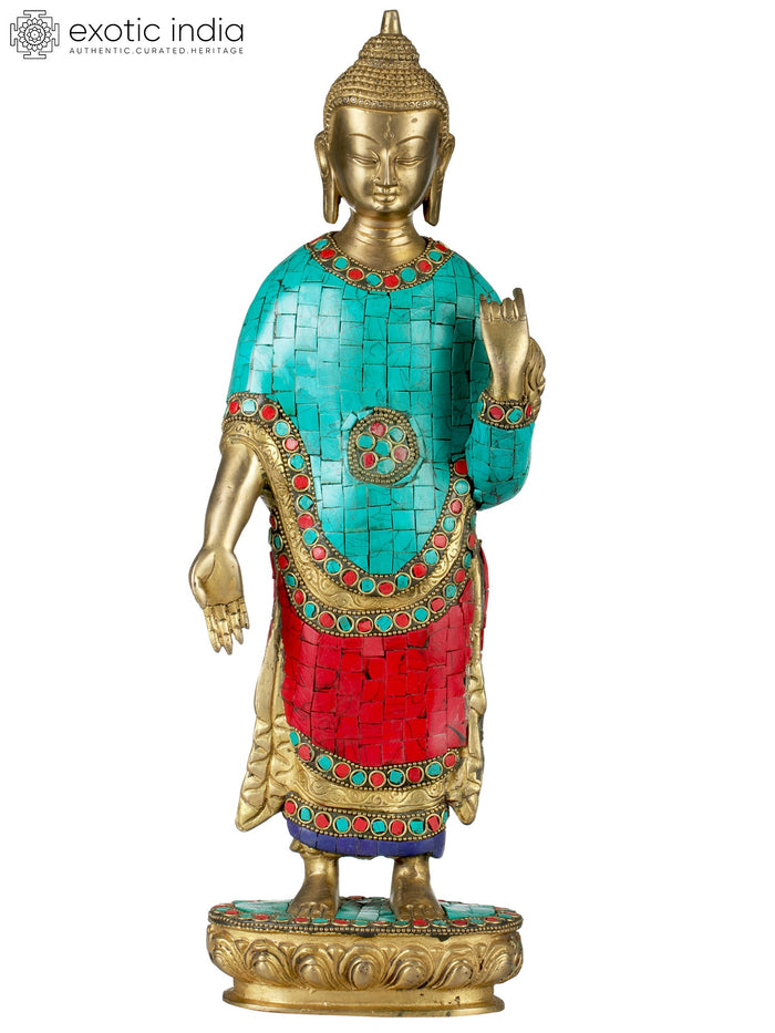 15" Standing Buddha Tibetan Brass Statue Handmade