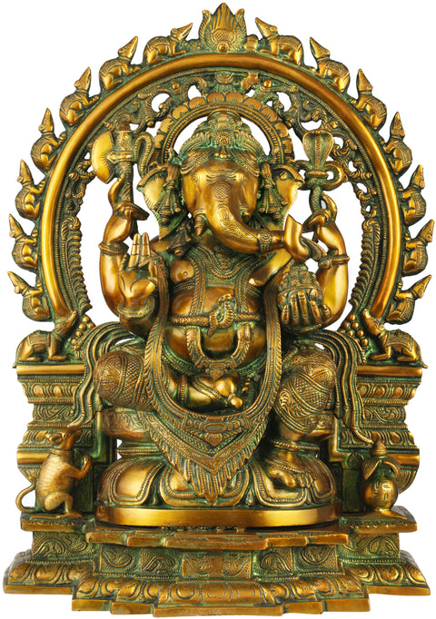 18" Ganesha On A Lotus Throne, His Aureole Composed Of Marching Mice In Brass | Handmade | Made In India