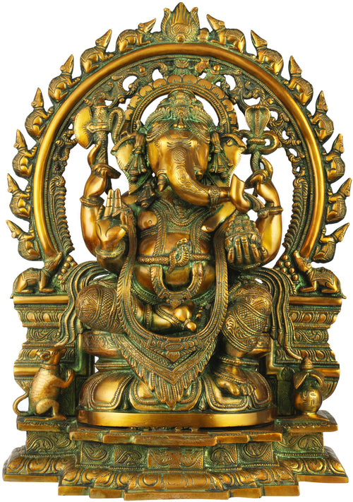 18" Ganesha On Lotus Throne Handmade Brass Statue with Mice Aureole
