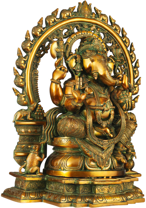18" Ganesha On A Lotus Throne, His Aureole Composed Of Marching Mice In Brass | Handmade | Made In India