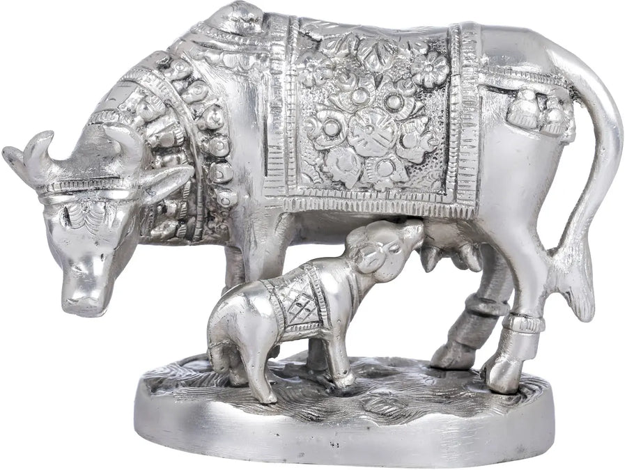 4" Mother Cow Statue with Calf in Brass Handmade