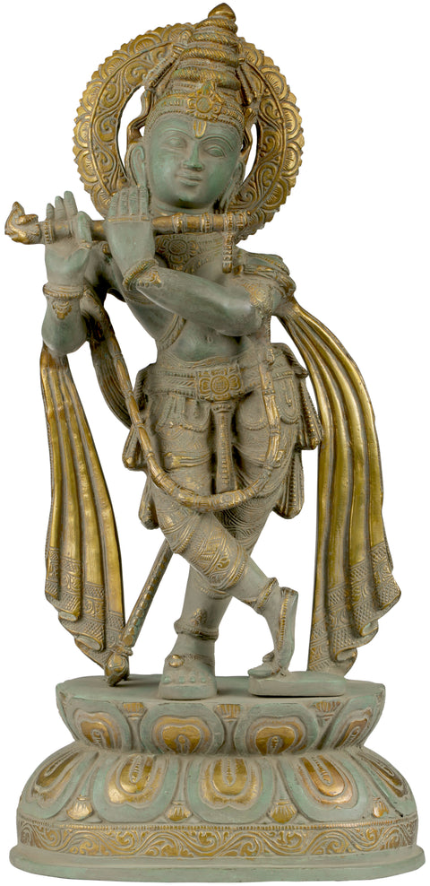 19" Long-Plaited Lord Krishna Brass Statue | Handmade in India