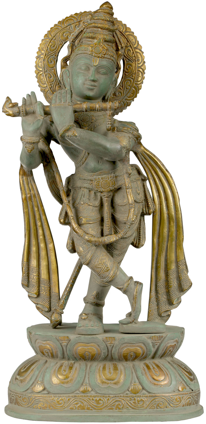 19" Long-Plaited Krishna Handmade Brass Statue for Home Pooja