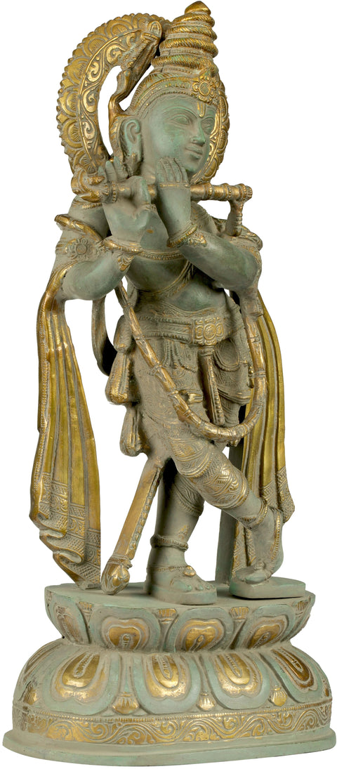 19" Long-Plaited Lord Krishna Brass Statue | Handmade in India