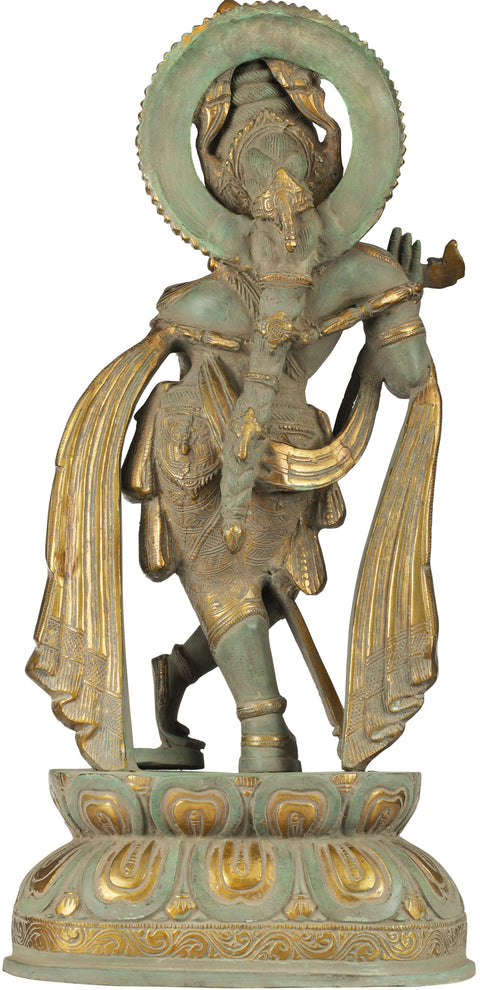 19" Long-Plaited Lord Krishna Brass Statue | Handmade in India
