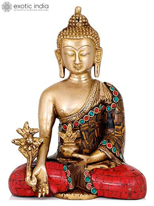 7" Handmade Brass Medicine Buddha Statue with Inlay Work