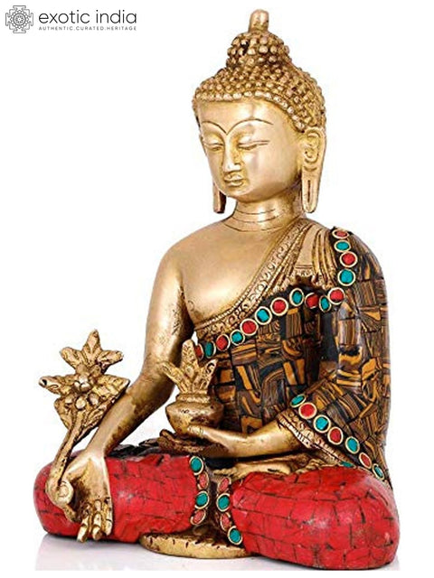 7" Tibetan Buddhist Deity Medicine Buddha with Inlay Work In Brass | Handmade | Made In India