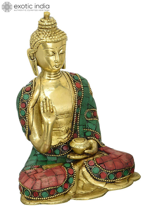6" Vitarka Buddha Brass Statue with Inlay Work Handmade