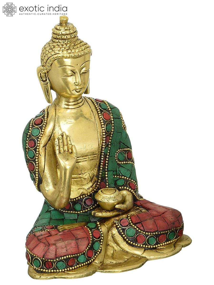 6" Vitarka Buddha Brass Statue with Inlay Work Handmade